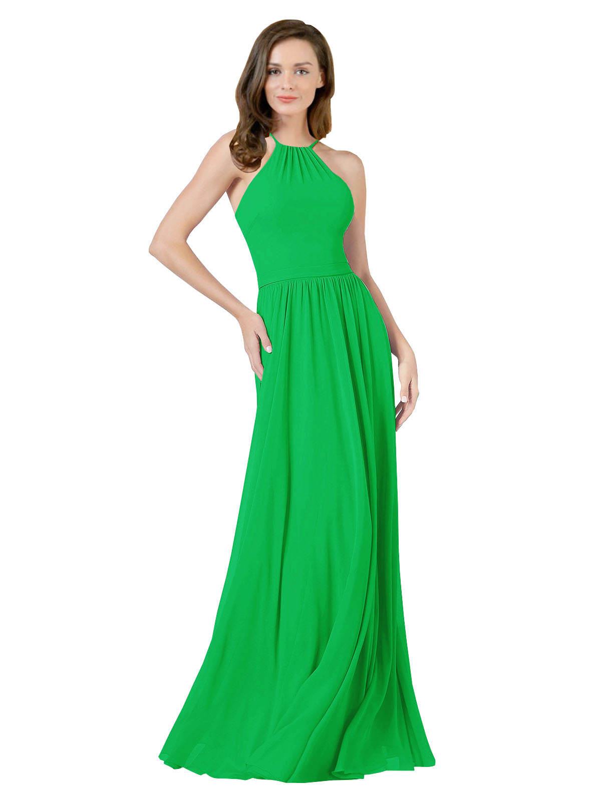 Green A-Line Halter Sleeveless Long Bridesmaid Dress Anum