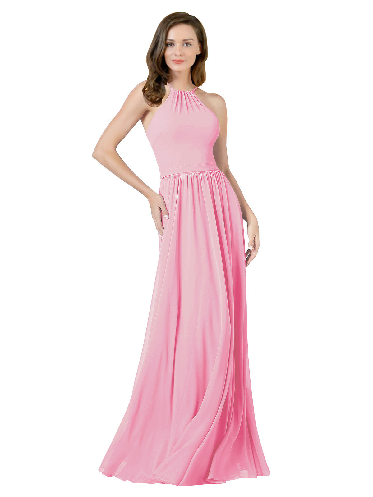 Hot Pink A-Line Halter Sleeveless Long Bridesmaid Dress Anum