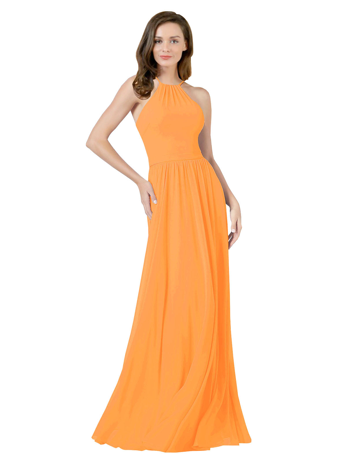 Orange A-Line Halter Sleeveless Long Bridesmaid Dress Anum
