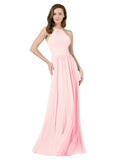 Pink A-Line Halter Sleeveless Long Bridesmaid Dress Anum