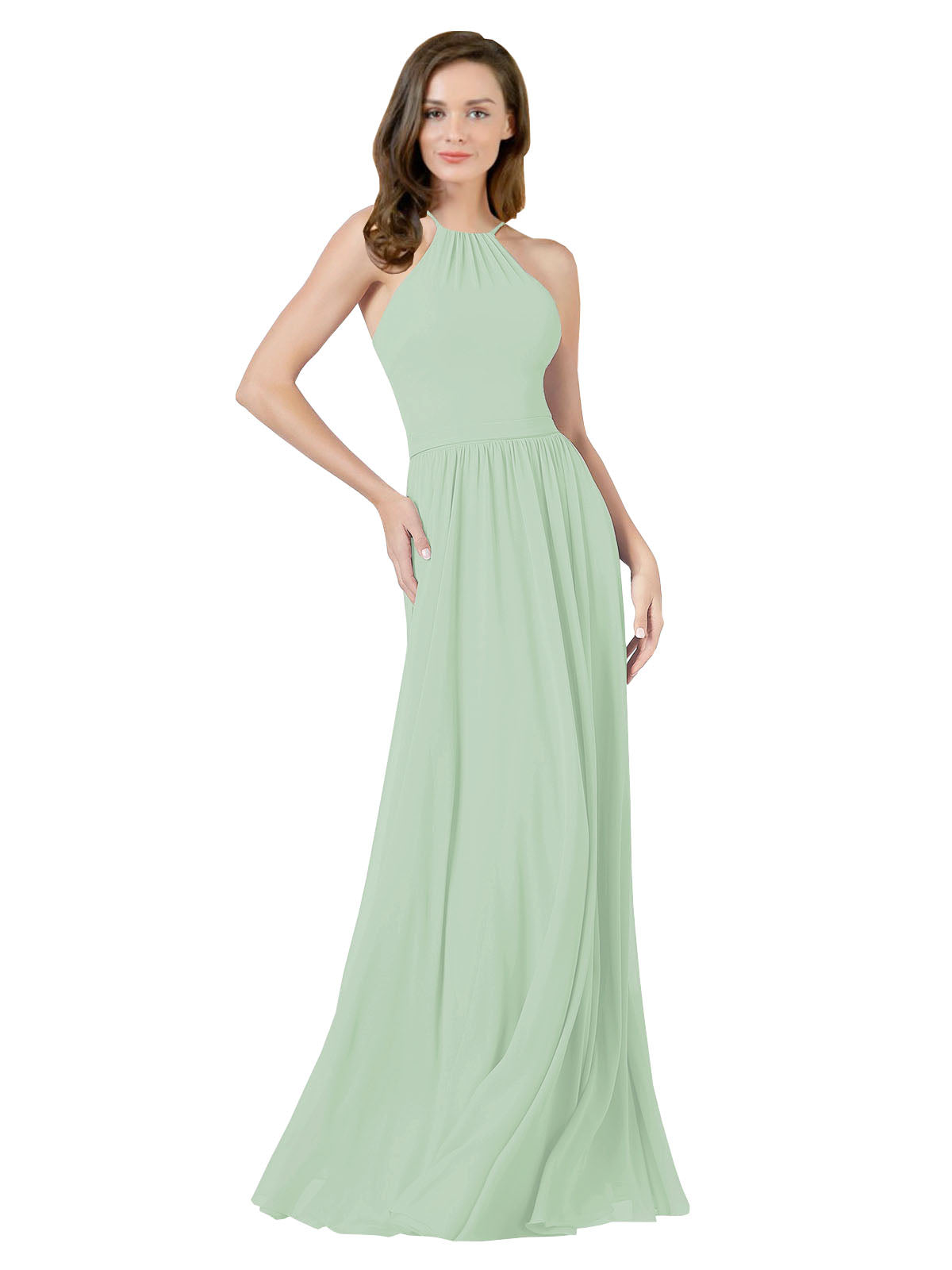 Sage A-Line Halter Sleeveless Long Bridesmaid Dress Anum
