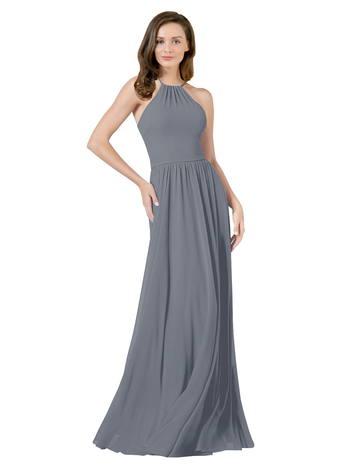 Slate Grey A-Line Halter Sleeveless Long Bridesmaid Dress Anum