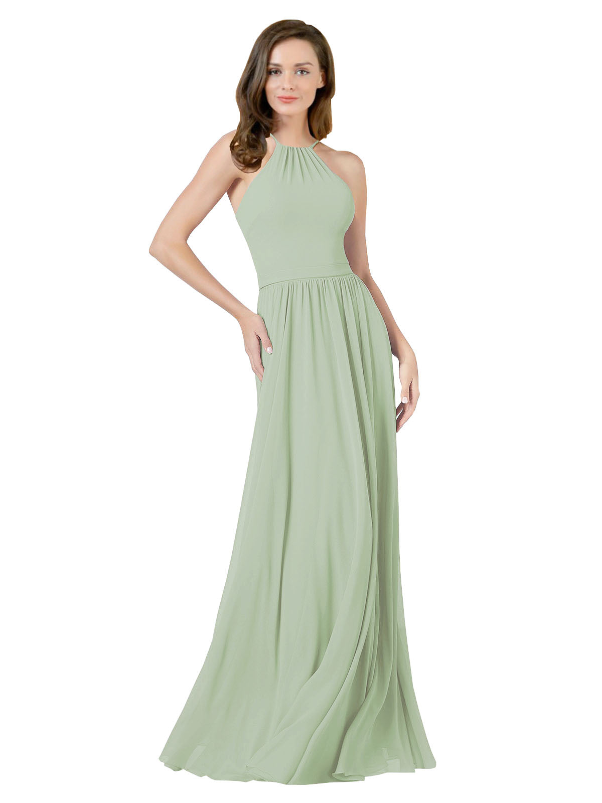 Smoke Green A-Line Halter Sleeveless Long Bridesmaid Dress Anum