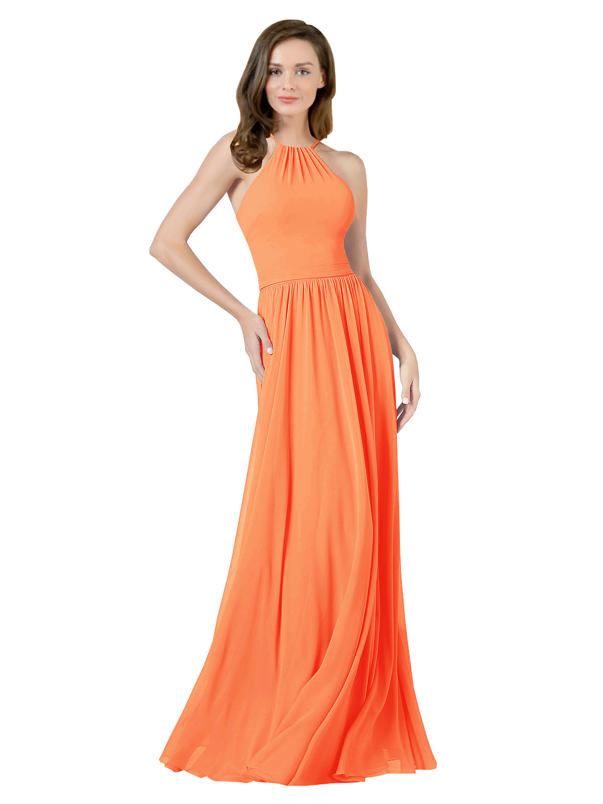 Tangerine Tango A-Line Halter Sleeveless Long Bridesmaid Dress Anum