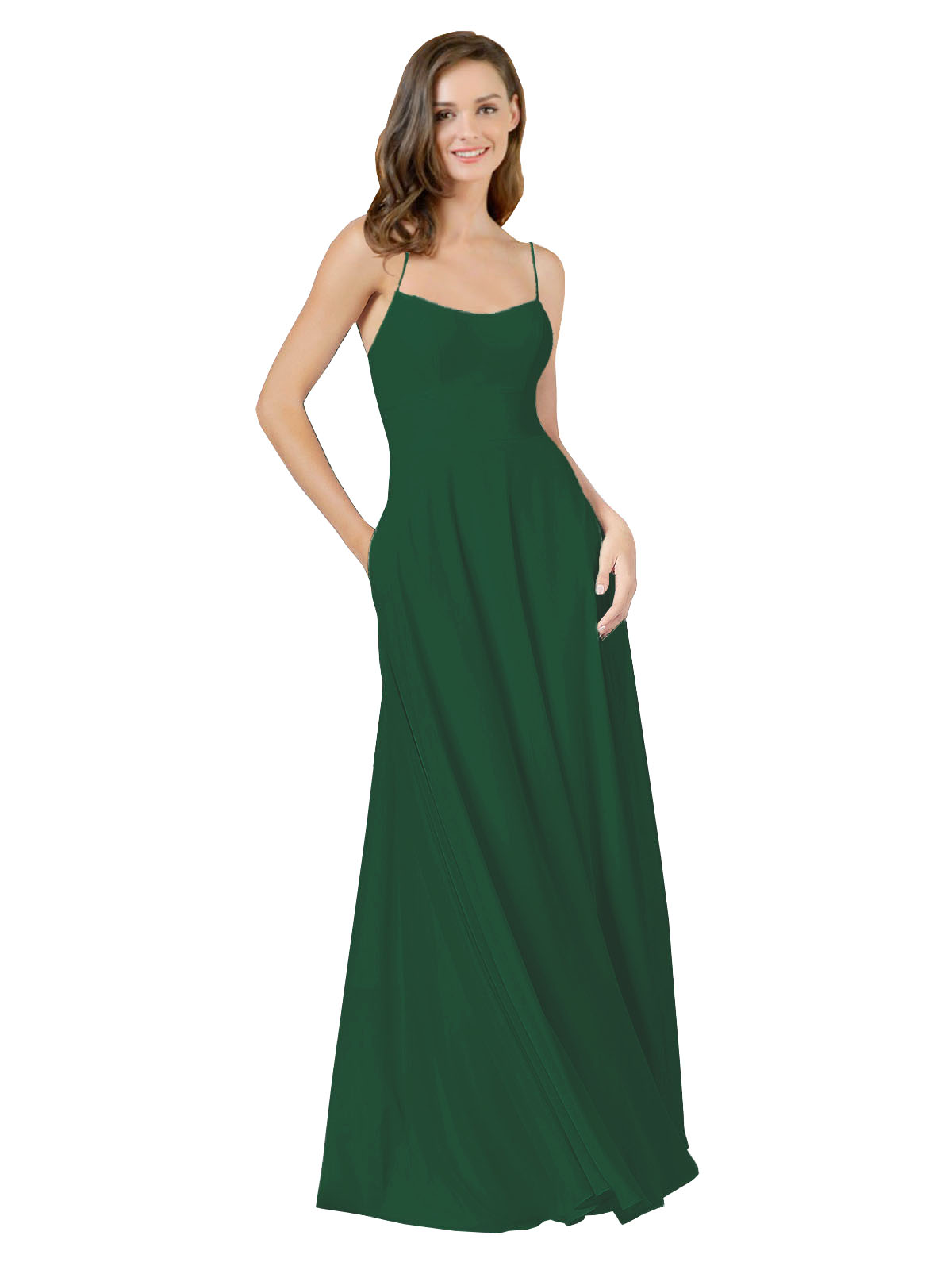 Dark Green A-Line Spaghetti Straps Square Sleeveless Long Bridesmaid Dress Mota