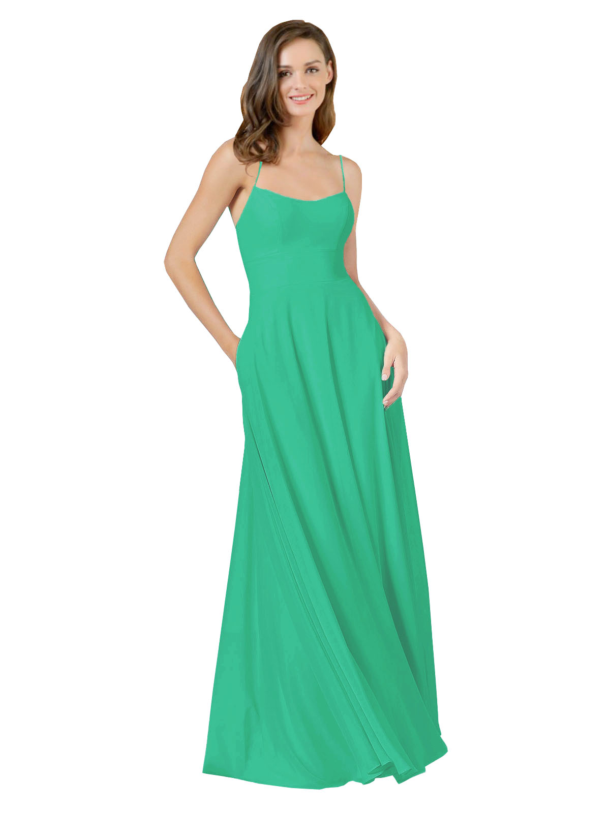 Emerald Green A-Line Spaghetti Straps Square Sleeveless Long Bridesmaid Dress Mota