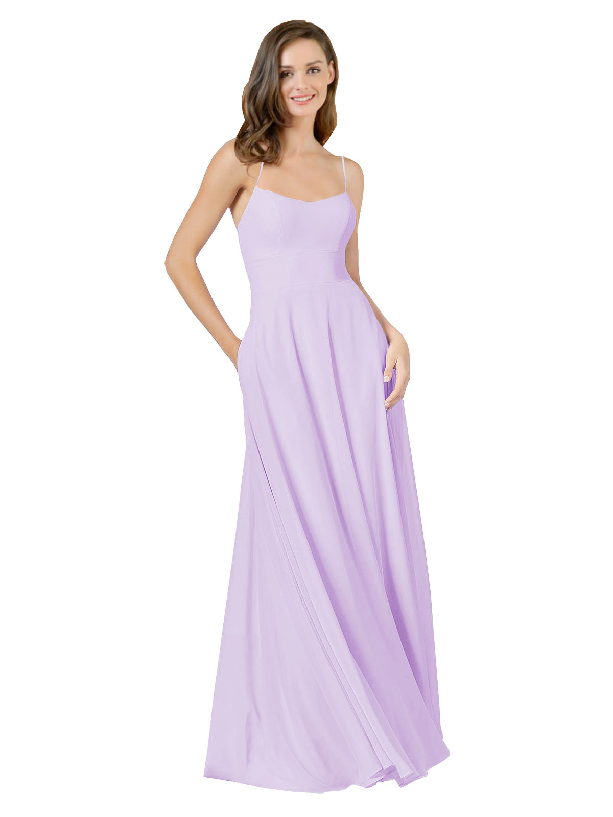 RightBrides Mota Lilac A-Line Spaghetti Straps Square Sleeveless Long Bridesmaid Dress