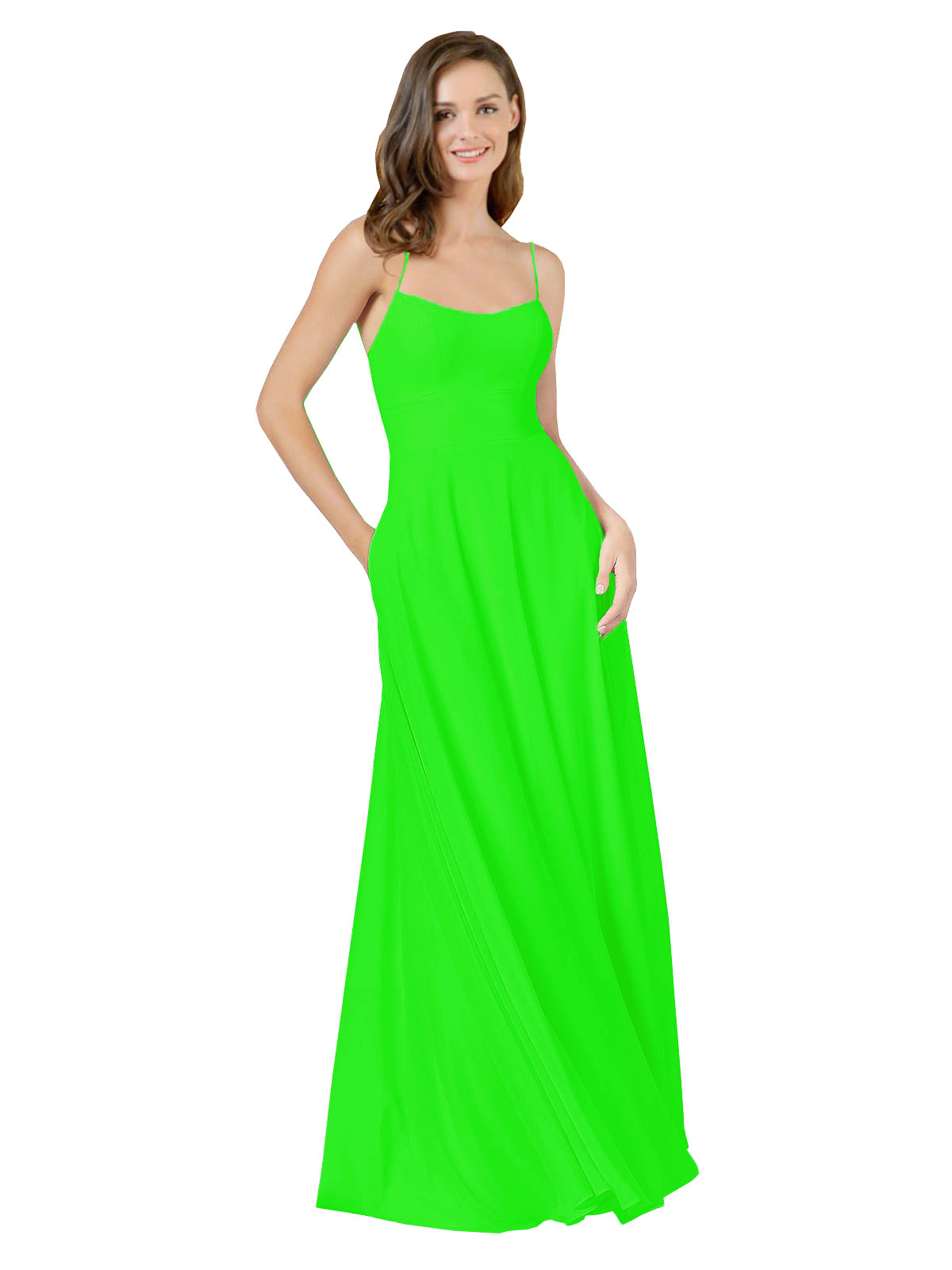 Lime Green A-Line Spaghetti Straps Square Sleeveless Long Bridesmaid Dress Mota