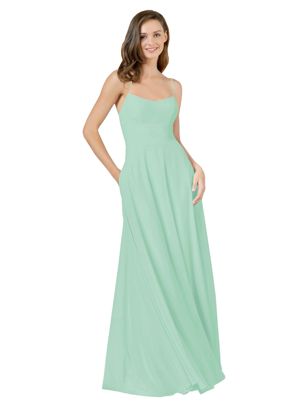 Mint Green A-Line Spaghetti Straps Square Sleeveless Long Bridesmaid Dress Mota
