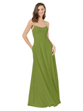 Olive Green A-Line Spaghetti Straps Square Sleeveless Long Bridesmaid Dress Mota