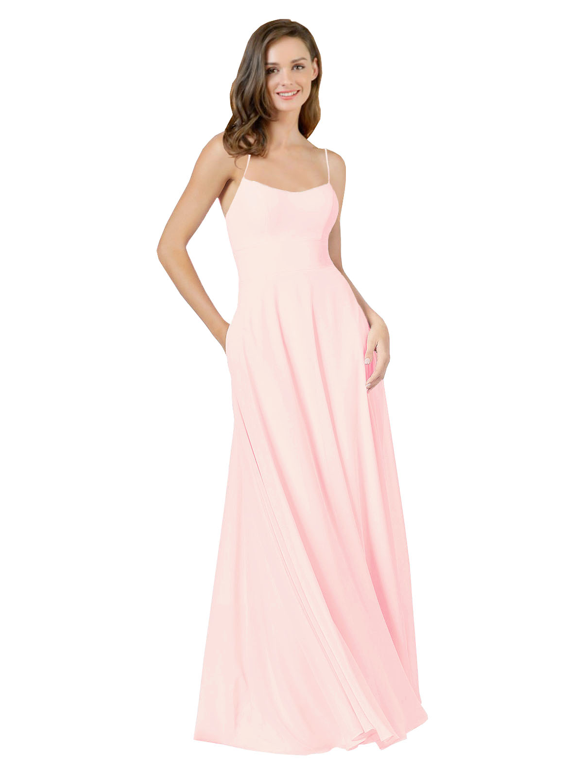Pink A-Line Spaghetti Straps Square Sleeveless Long Bridesmaid Dress Mota