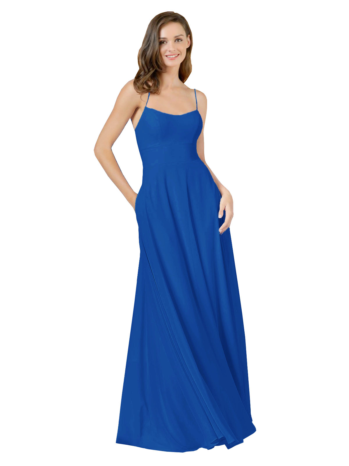 Royal Blue A-Line Spaghetti Straps Square Sleeveless Long Bridesmaid Dress Mota