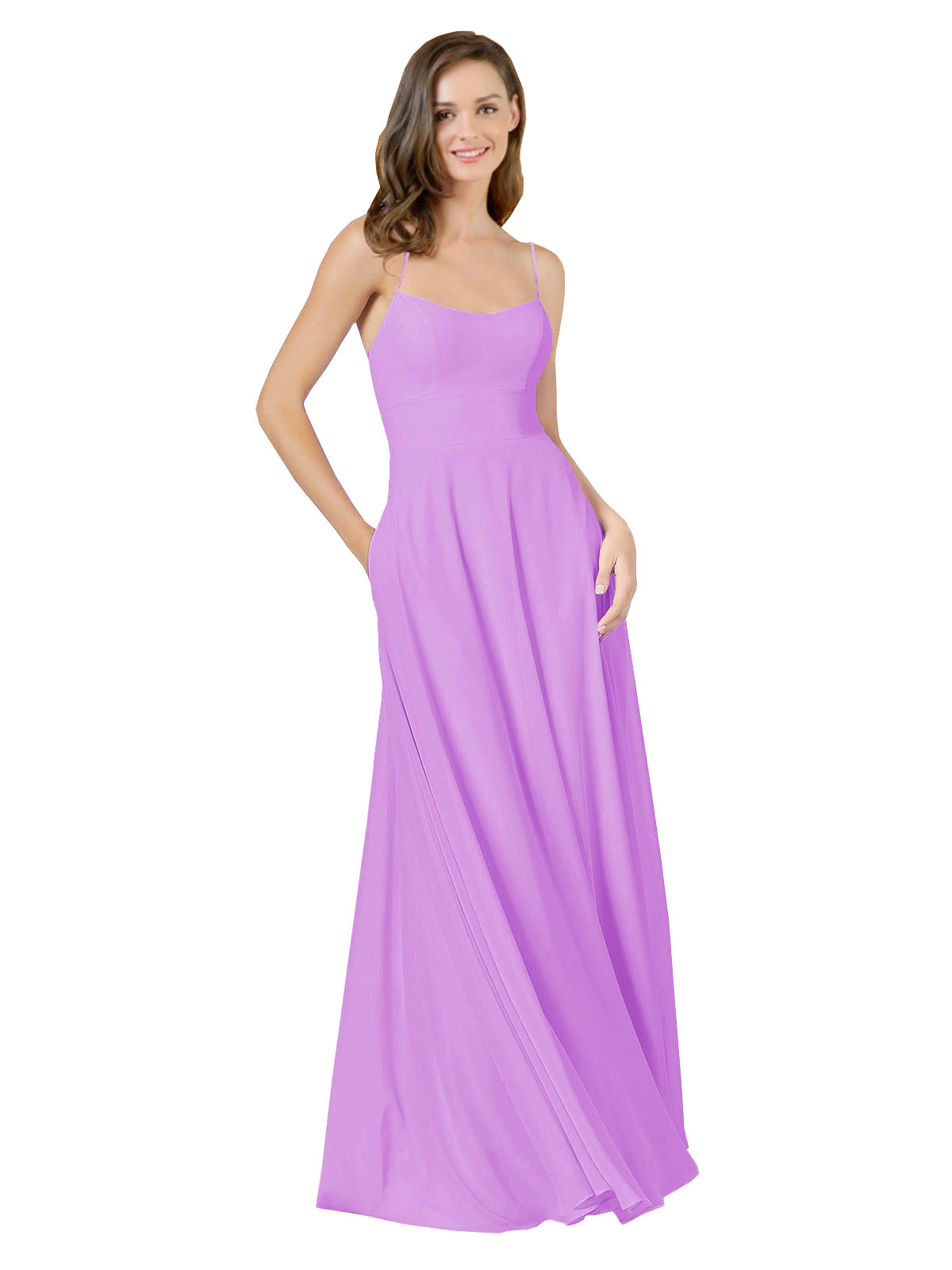 Violet A-Line Spaghetti Straps Square Sleeveless Long Bridesmaid Dress Mota