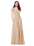 RightBrides Chante Champagne A-Line V-Neck Cap Sleeves Long Bridesmaid Dress