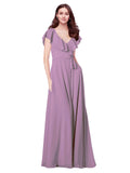 RightBrides Chante Dark Lavender A-Line V-Neck Cap Sleeves Long Bridesmaid Dress