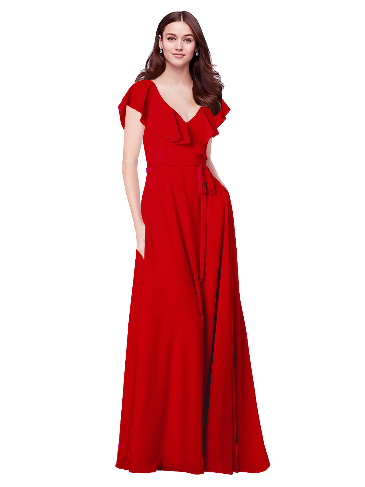 RightBrides Chante Dark Red A-Line V-Neck Cap Sleeves Long Bridesmaid Dress