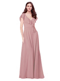 RightBrides Chante Dusty Pink A-Line V-Neck Cap Sleeves Long Bridesmaid Dress