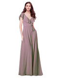 RightBrides Chante Dusty Rose A-Line V-Neck Cap Sleeves Long Bridesmaid Dress