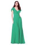 RightBrides Chante Emerald Green A-Line V-Neck Cap Sleeves Long Bridesmaid Dress