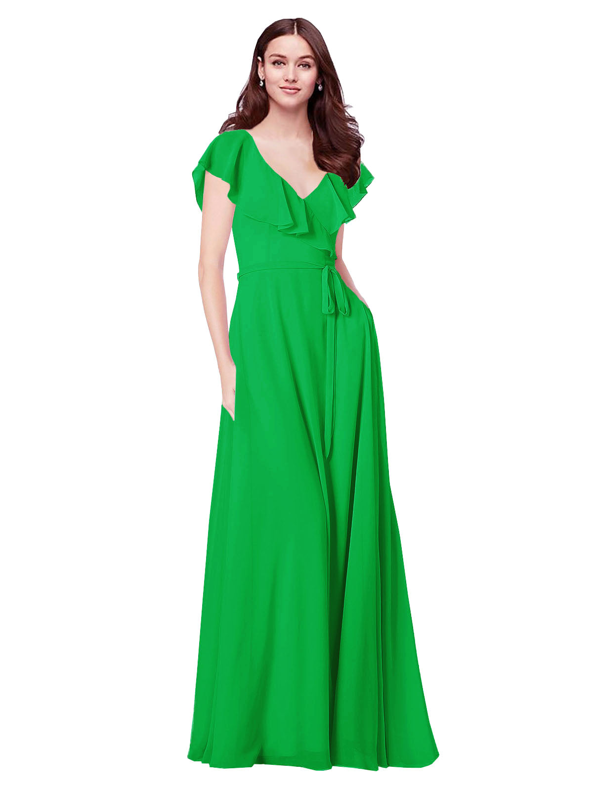 RightBrides Chante Green A-Line V-Neck Cap Sleeves Long Bridesmaid Dress