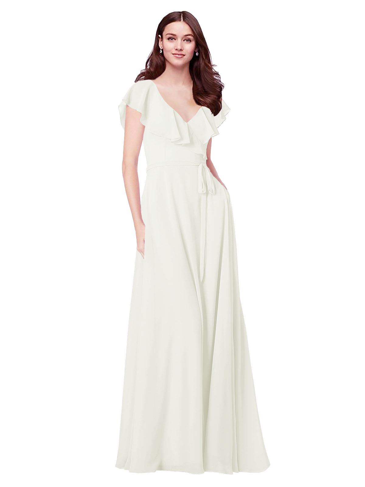 RightBrides Chante Ivory A-Line V-Neck Cap Sleeves Long Bridesmaid Dress