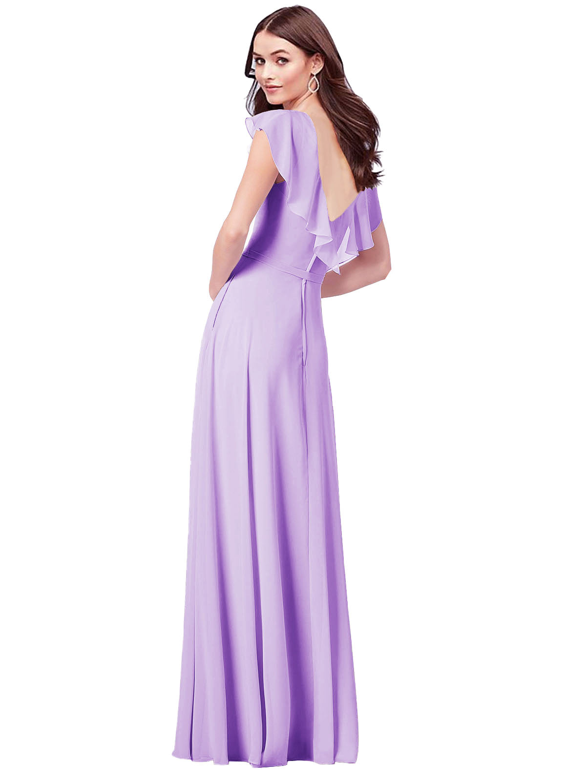RightBrides Chante Lilac A-Line V-Neck Cap Sleeves Long Bridesmaid Dress