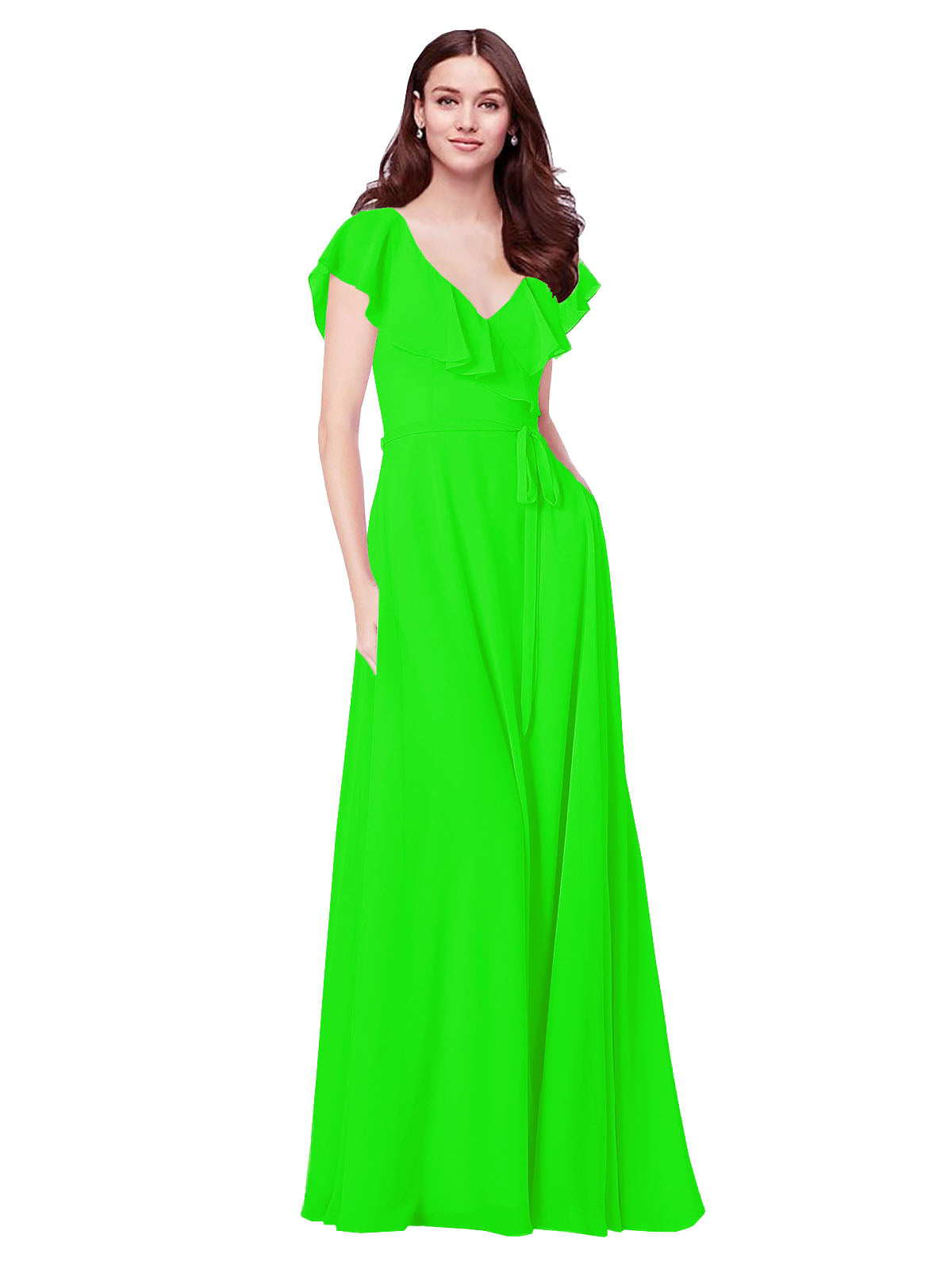 RightBrides Chante Lime Green A-Line V-Neck Cap Sleeves Long Bridesmaid Dress