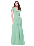 RightBrides Chante Mint Green A-Line V-Neck Cap Sleeves Long Bridesmaid Dress