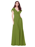 RightBrides Chante Olive Green A-Line V-Neck Cap Sleeves Long Bridesmaid Dress