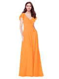 RightBrides Chante Orange A-Line V-Neck Cap Sleeves Long Bridesmaid Dress
