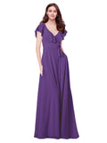 RightBrides Chante Plum Purple A-Line V-Neck Cap Sleeves Long Bridesmaid Dress