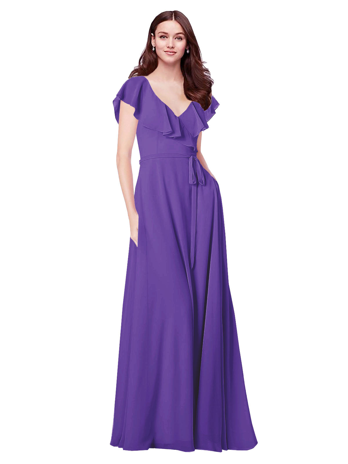 RightBrides Chante Purple A-Line V-Neck Cap Sleeves Long Bridesmaid Dress