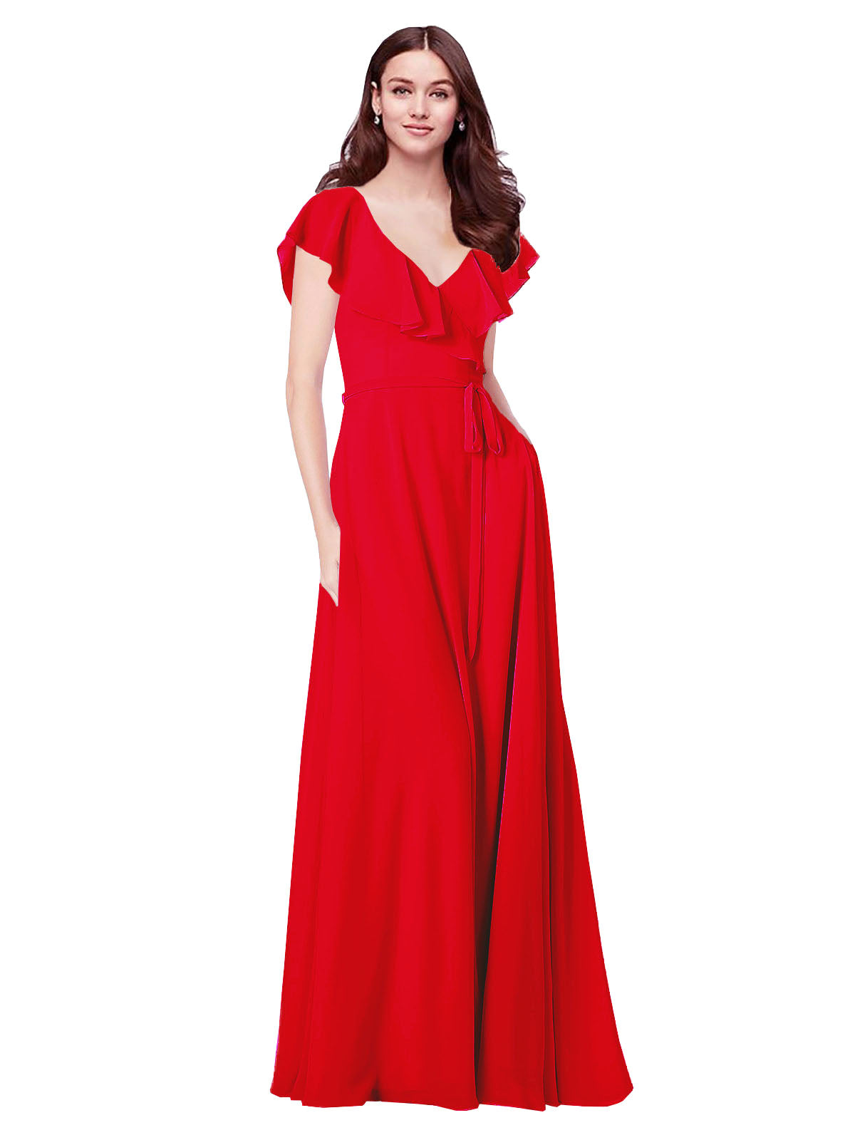 RightBrides Chante Red A-Line V-Neck Cap Sleeves Long Bridesmaid Dress