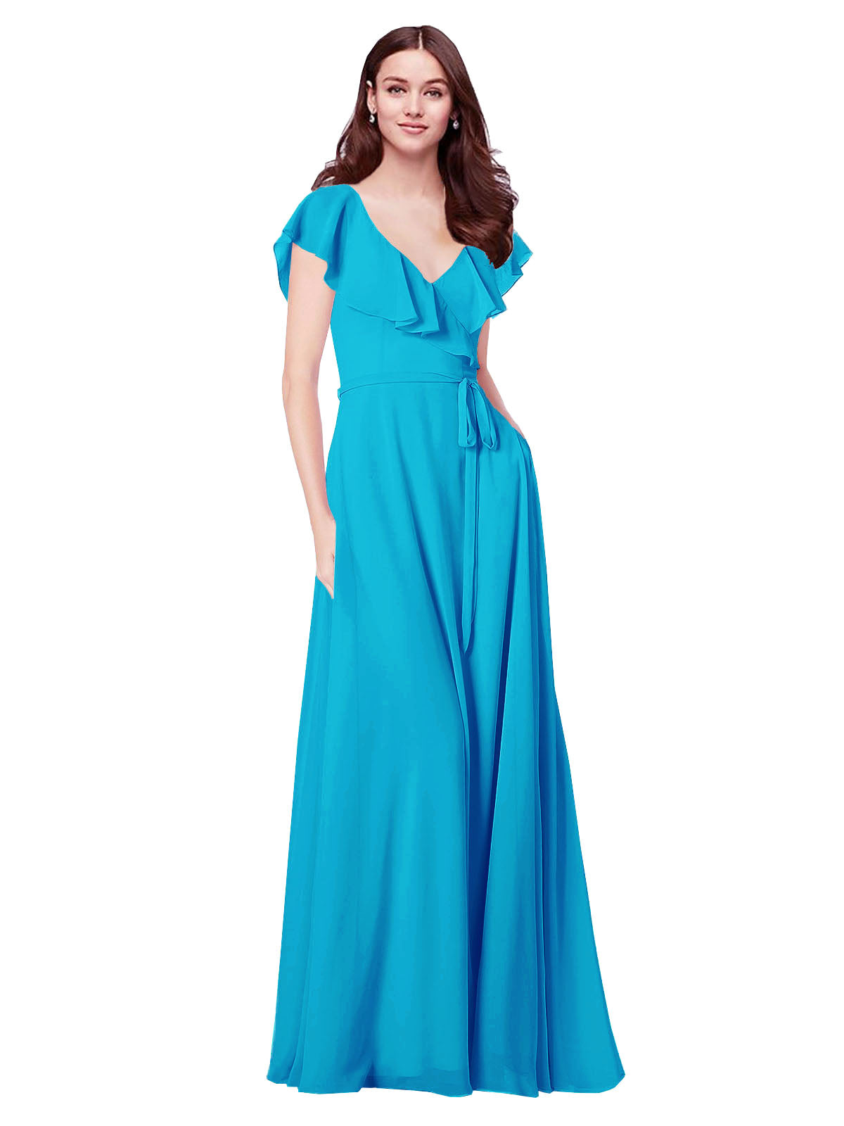 RightBrides Chante Turquoise A-Line V-Neck Cap Sleeves Long Bridesmaid Dress