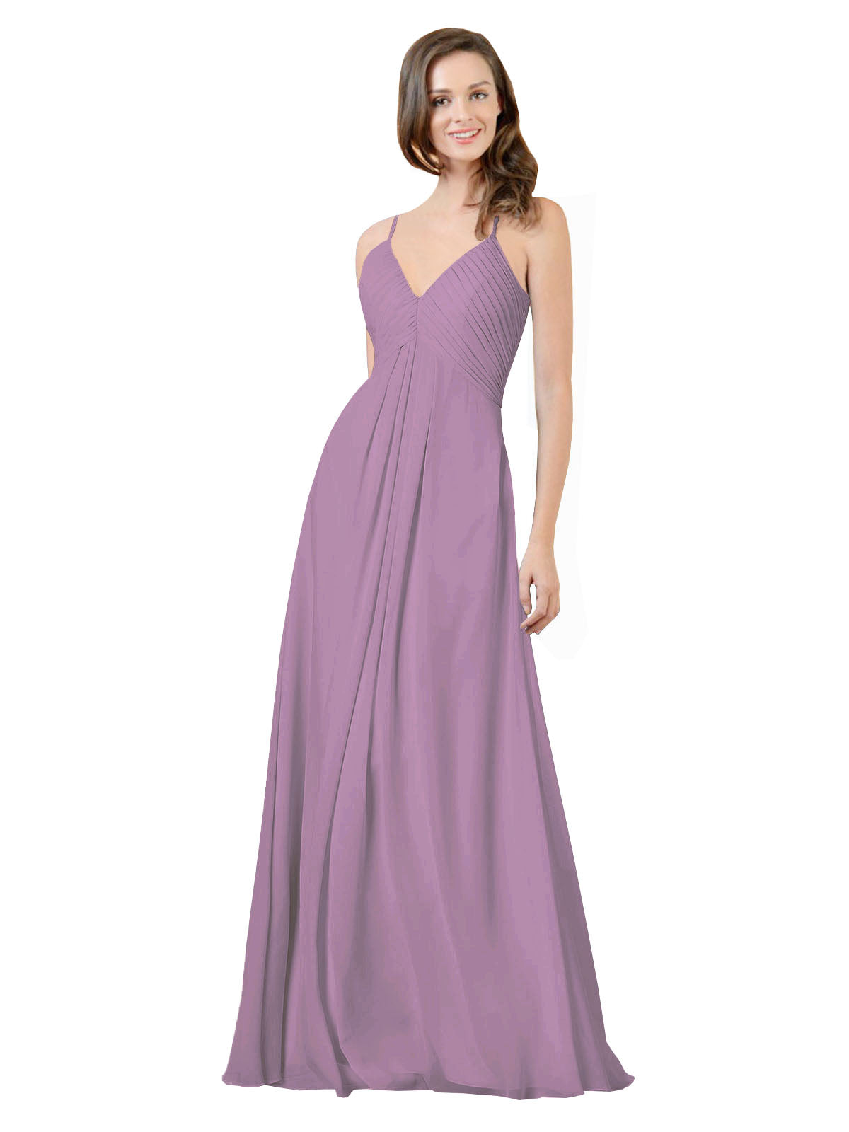 Dark Lavender A-Line V-Neck Spaghetti Straps Sleeveless Long Bridesmaid Dress Kari