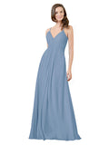 Dusty Blue A-Line V-Neck Spaghetti Straps Sleeveless Long Bridesmaid Dress Kari