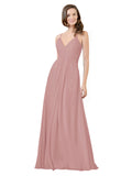 Dusty Pink A-Line V-Neck Spaghetti Straps Sleeveless Long Bridesmaid Dress Kari
