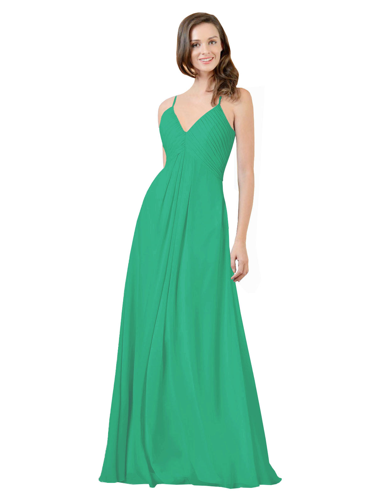 Emerald Green A-Line V-Neck Spaghetti Straps Sleeveless Long Bridesmaid Dress Kari