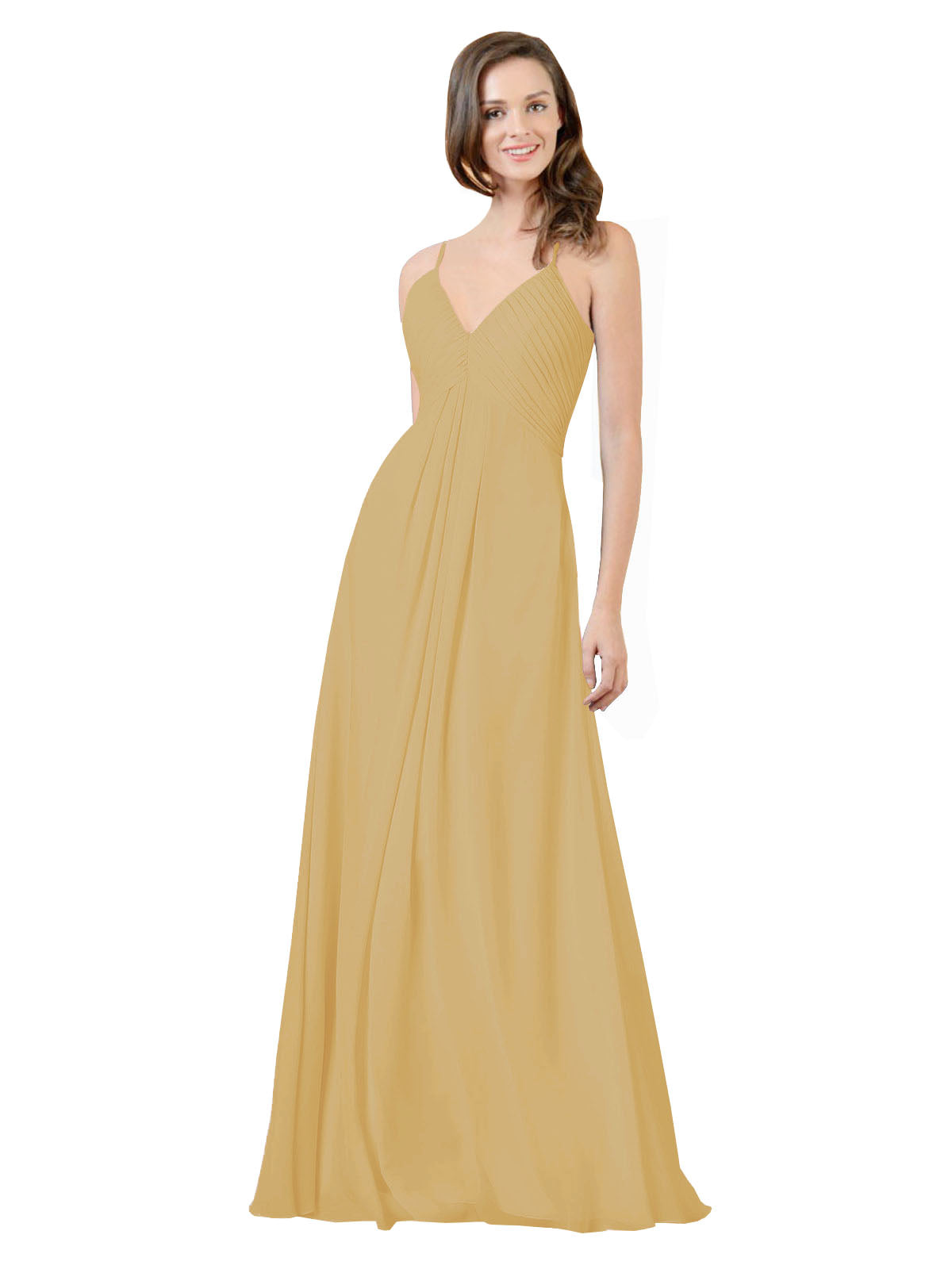 Gold A-Line V-Neck Spaghetti Straps Sleeveless Long Bridesmaid Dress Kari
