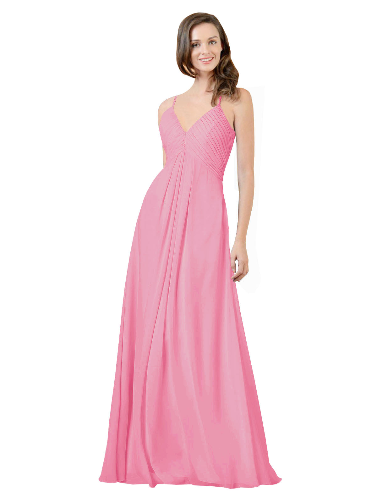 Hot Pink A-Line V-Neck Spaghetti Straps Sleeveless Long Bridesmaid Dress Kari