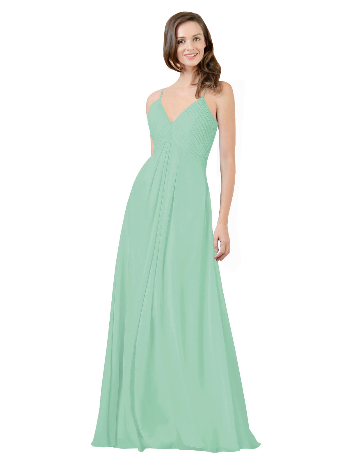 Mint Green A-Line V-Neck Spaghetti Straps Sleeveless Long Bridesmaid Dress Kari
