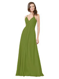 Olive Green A-Line V-Neck Spaghetti Straps Sleeveless Long Bridesmaid Dress Kari