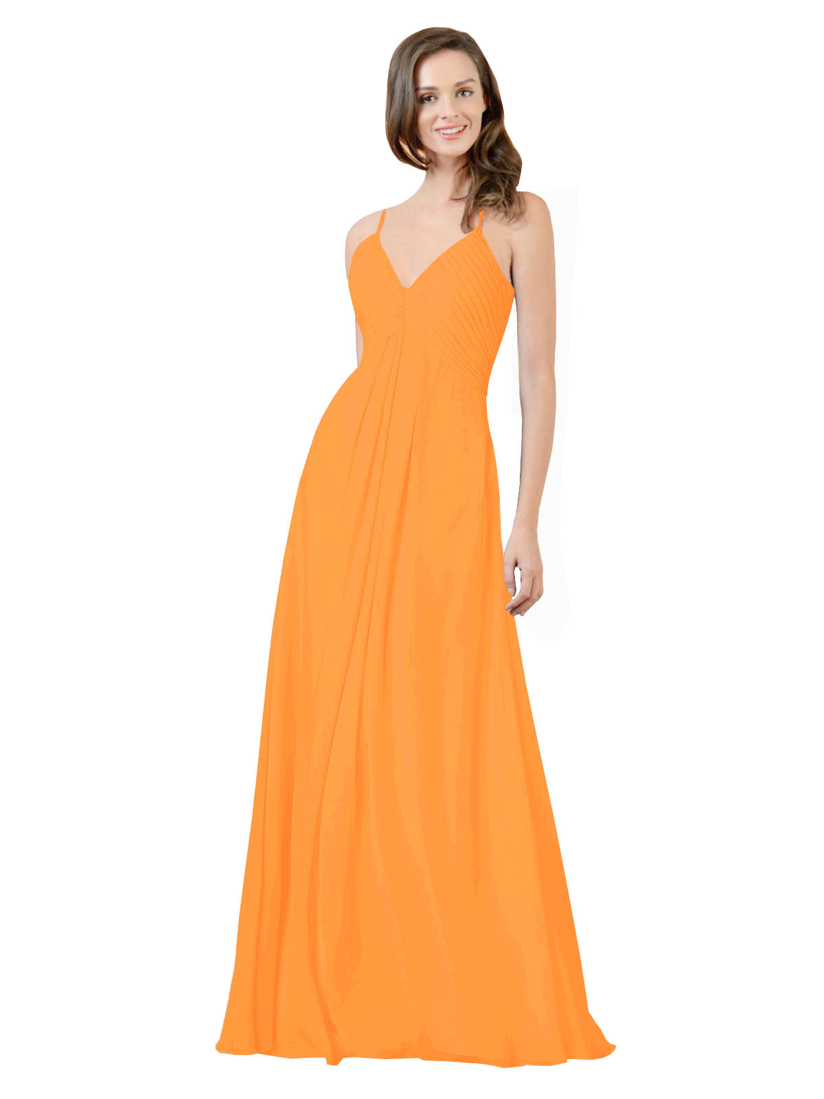 Orange A-Line V-Neck Spaghetti Straps Sleeveless Long Bridesmaid Dress Kari