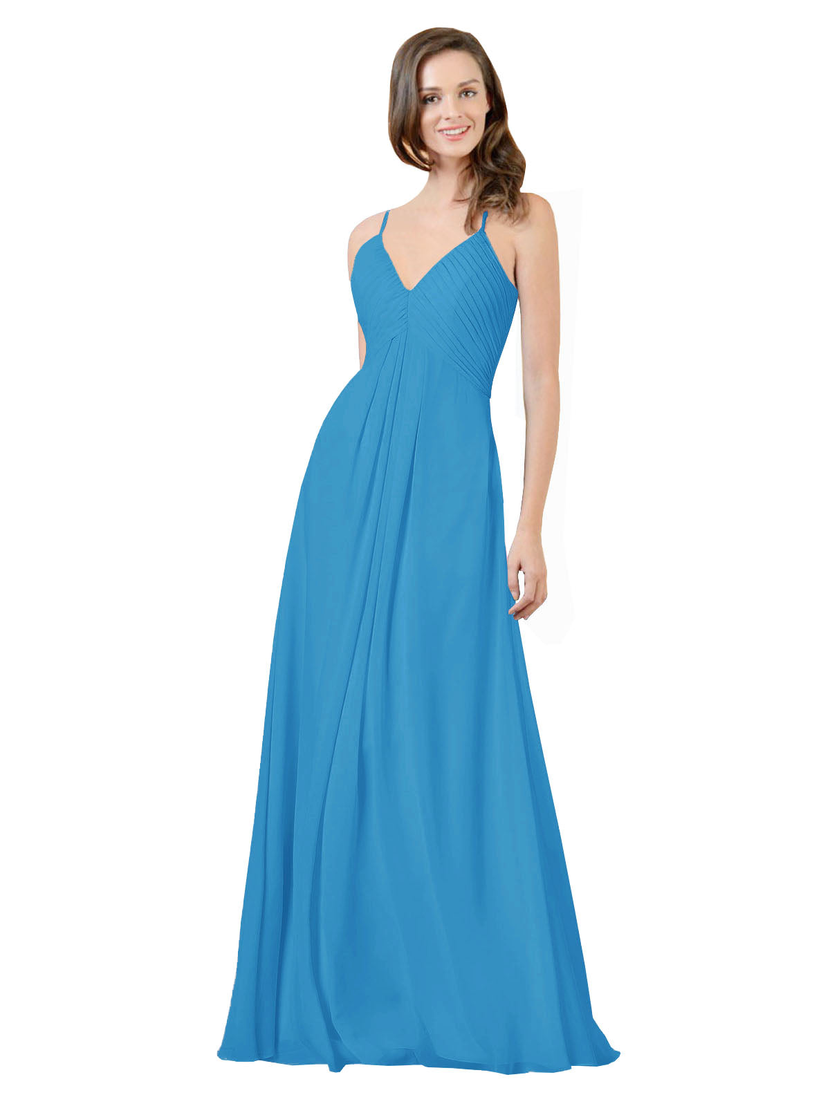 Peacock Blue A-Line V-Neck Spaghetti Straps Sleeveless Long Bridesmaid Dress Kari
