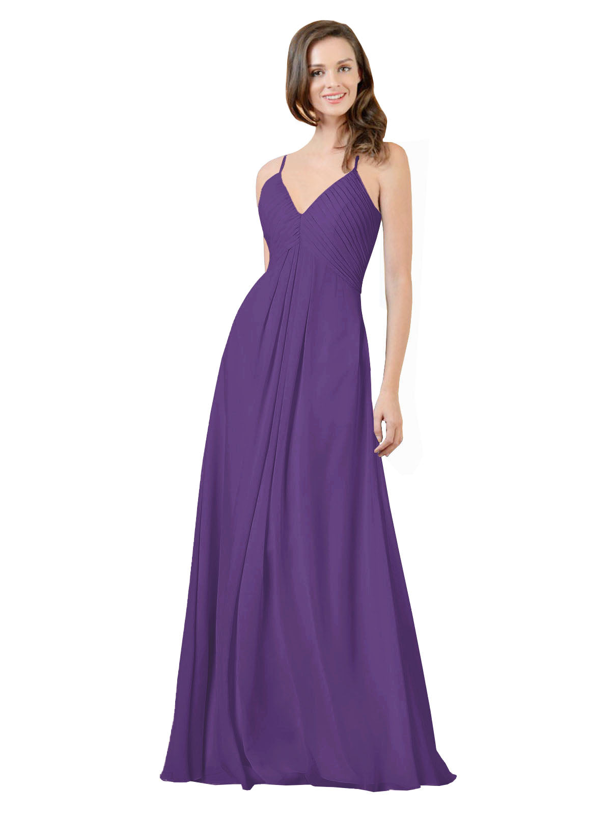 Plum Purple A-Line V-Neck Spaghetti Straps Sleeveless Long Bridesmaid Dress Kari