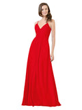 Red A-Line V-Neck Spaghetti Straps Sleeveless Long Bridesmaid Dress Kari