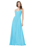 Sky Blue A-Line V-Neck Spaghetti Straps Sleeveless Long Bridesmaid Dress Kari