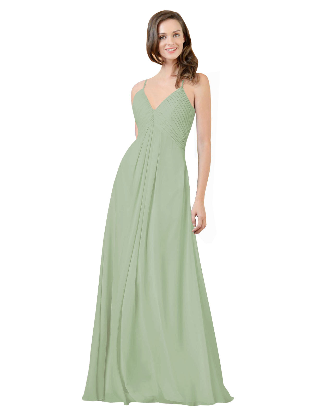 Smoke Green A-Line V-Neck Spaghetti Straps Sleeveless Long Bridesmaid Dress Kari