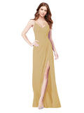 RightBrides Bradi Gold A-Line Spaghetti Straps Sleeveless Long Bridesmaid Dress