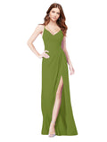 RightBrides Bradi Olive Green A-Line Spaghetti Straps Sleeveless Long Bridesmaid Dress